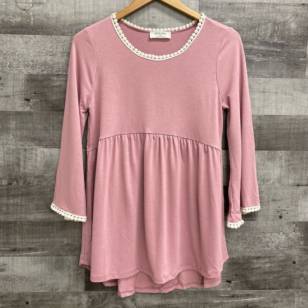 New Light Rose Babydoll Shirt Tunic Top Empire Waist Shirring Pompom Trim